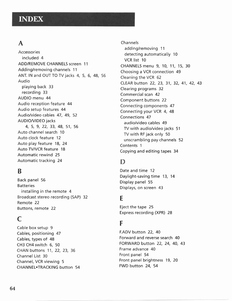 Index | GE VG4275 User Manual | Page 66 / 72