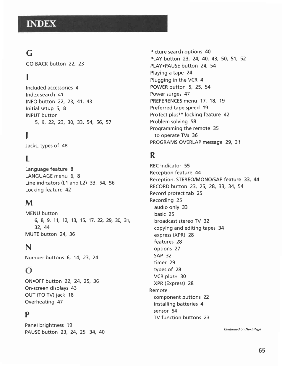 Index | GE VG4275 User Manual | Page 67 / 72