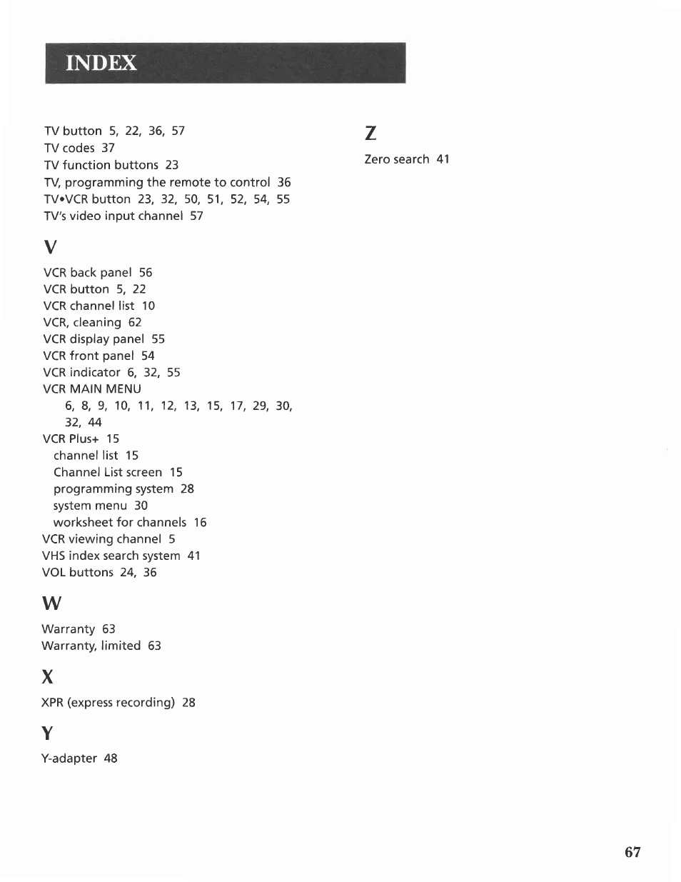 Index | GE VG4275 User Manual | Page 69 / 72