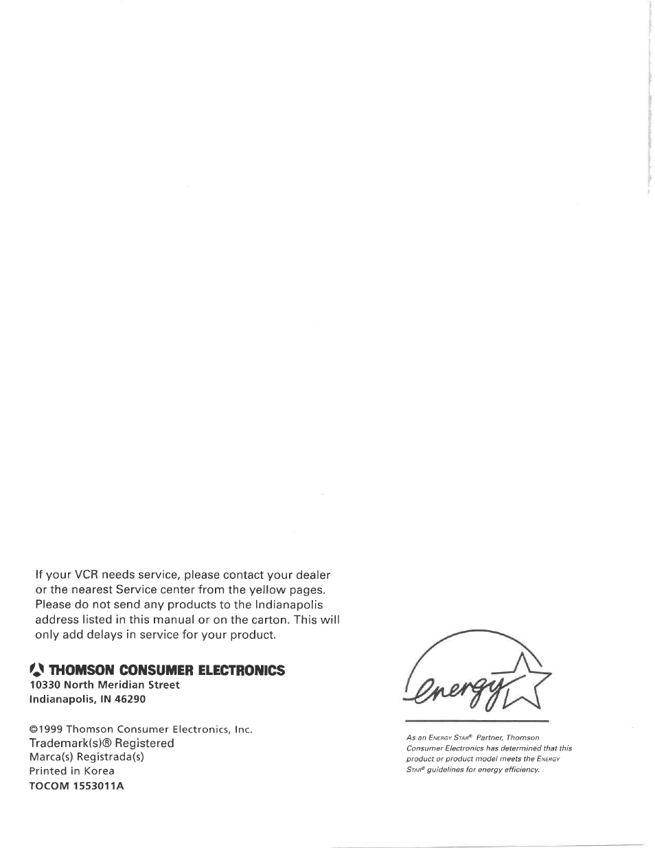 O thomson consumer electronics | GE VG4275 User Manual | Page 72 / 72
