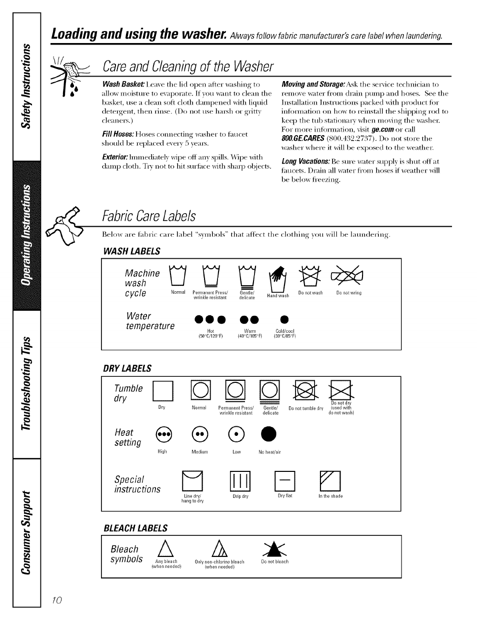 Care and cleaning of the washer, Loading and using the washer | GE WBSR3000 User Manual | Page 10 / 16