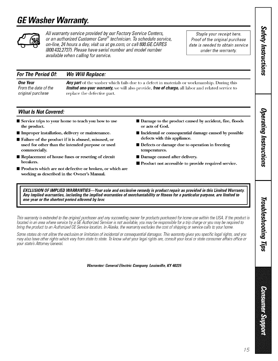 Ge washer warranty | GE WBSR3000 User Manual | Page 15 / 16