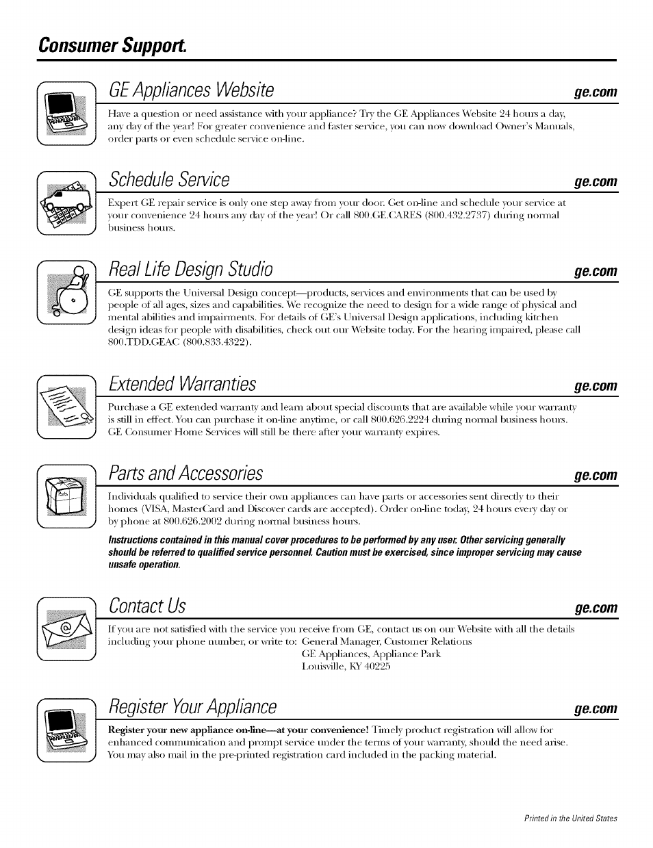 Ge appliances website, Schedule service, Heal life design studio | Extended warranties, Parts and accessories, Contact us, Register your appliance, Consumer support | GE WBSR3000 User Manual | Page 16 / 16