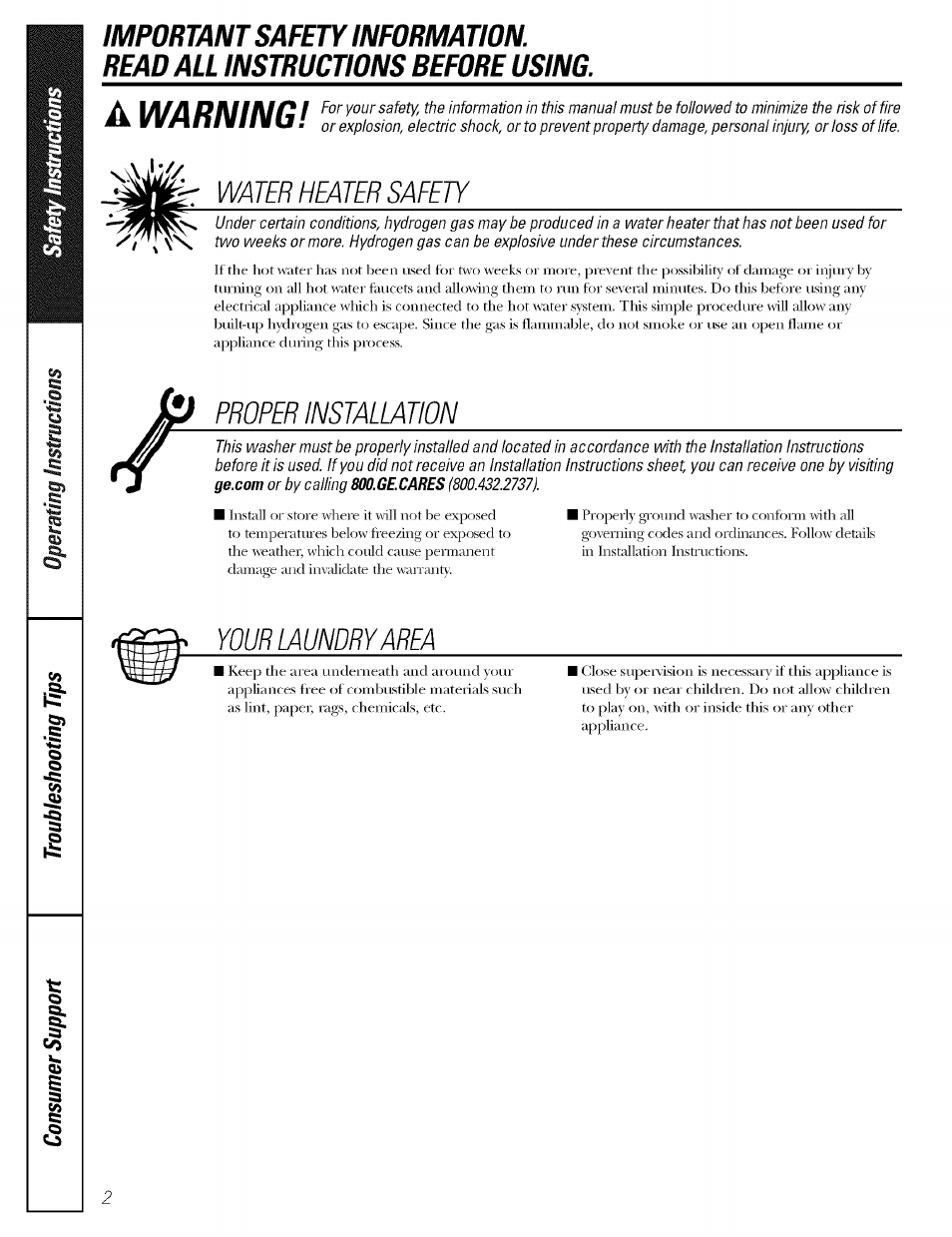 Water heater safety, Proper installation, Your laundry area | A l/l/a | GE WBSR3000 User Manual | Page 2 / 16