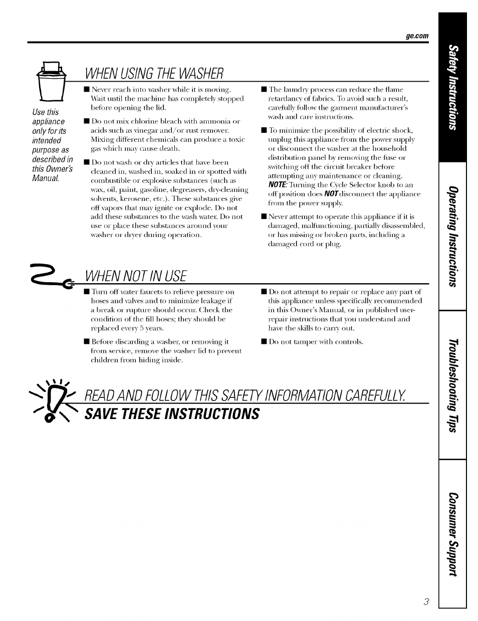 When using the washer, When not in use, Read and follow this safety information carefully | Save these instructions | GE WBSR3000 User Manual | Page 3 / 16