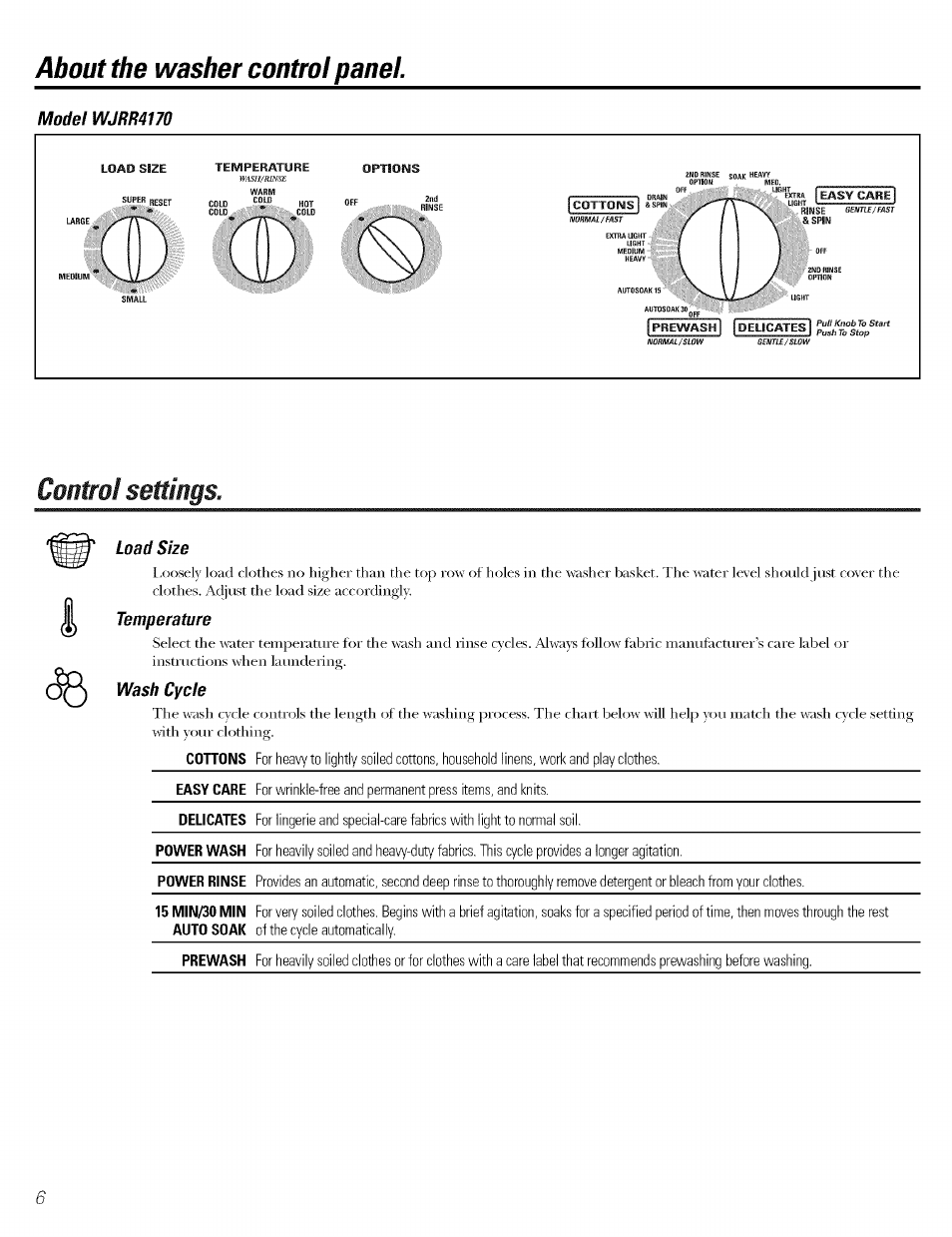 About the washer control panel, Control settings | GE WBSR3000 User Manual | Page 6 / 16