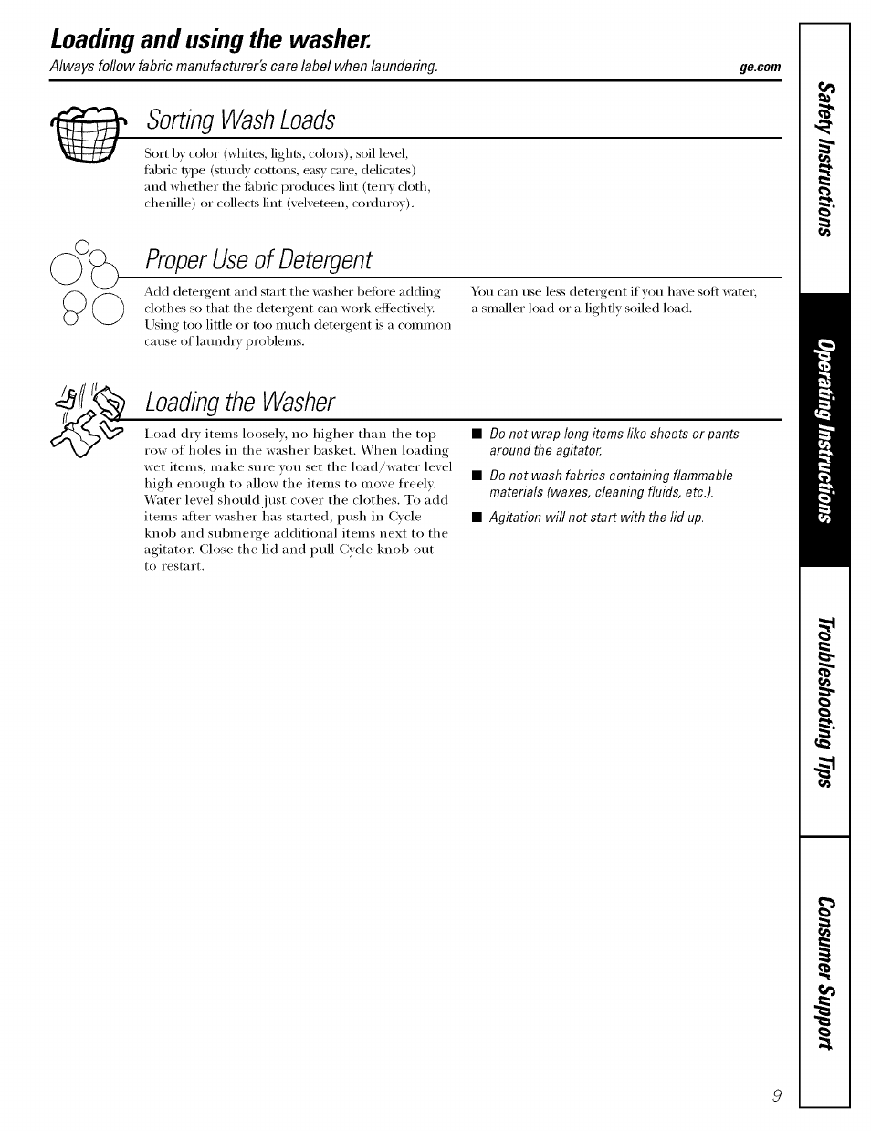 Sorting wash loads, Proper use of detergent, Loading the washer | Loading and using the washer | GE WBSR3000 User Manual | Page 9 / 16