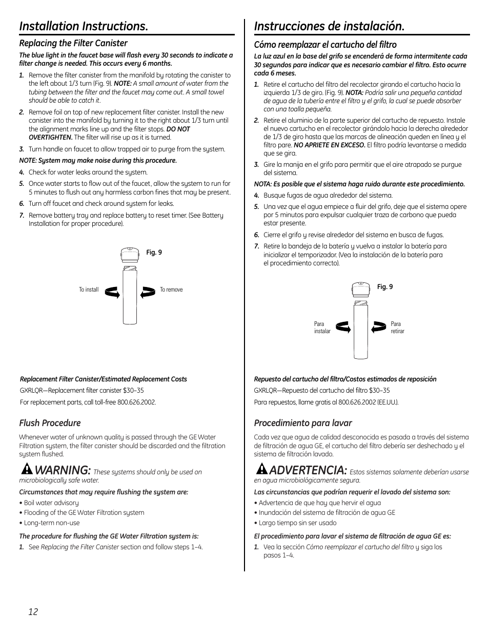 Filter replacement, Flush procedure, Procedimiento para lavar | Reposición del filtro, Filter replacement flush procedure, Procedimiento para lavar reposición del filtro, Warning, Advertencia, Installation instructions, Instrucciones de instalación | GE GX1S50F User Manual | Page 12 / 16