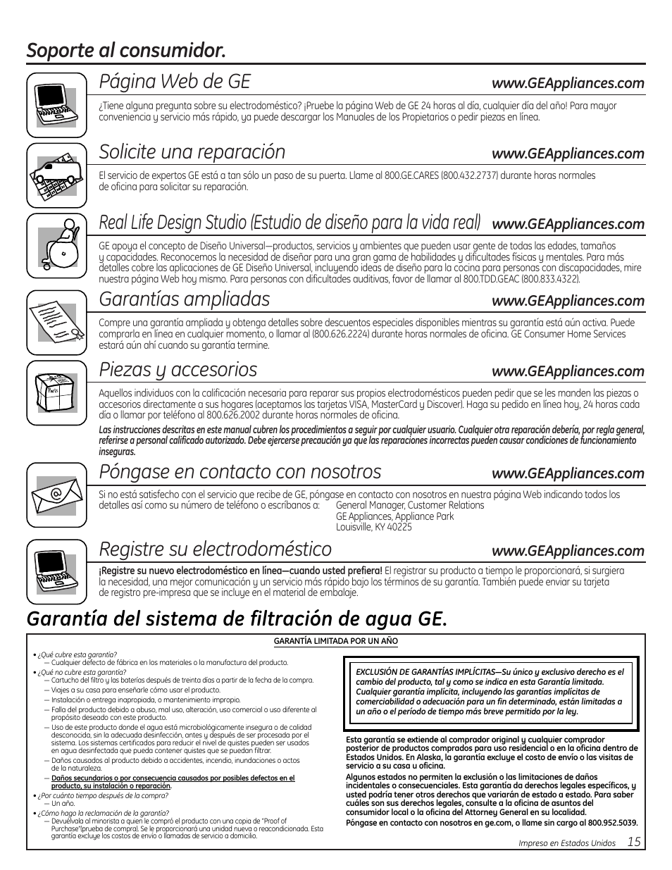 Soporte al consumidor, Soporte al consumidor. página web de ge, Solicite una reparación | Garantías ampliadas, Piezas y accesorios, Póngase en contacto con nosotros, Registre su electrodoméstico, Garantía del sistema de filtración de agua ge | GE GX1S50F User Manual | Page 15 / 16