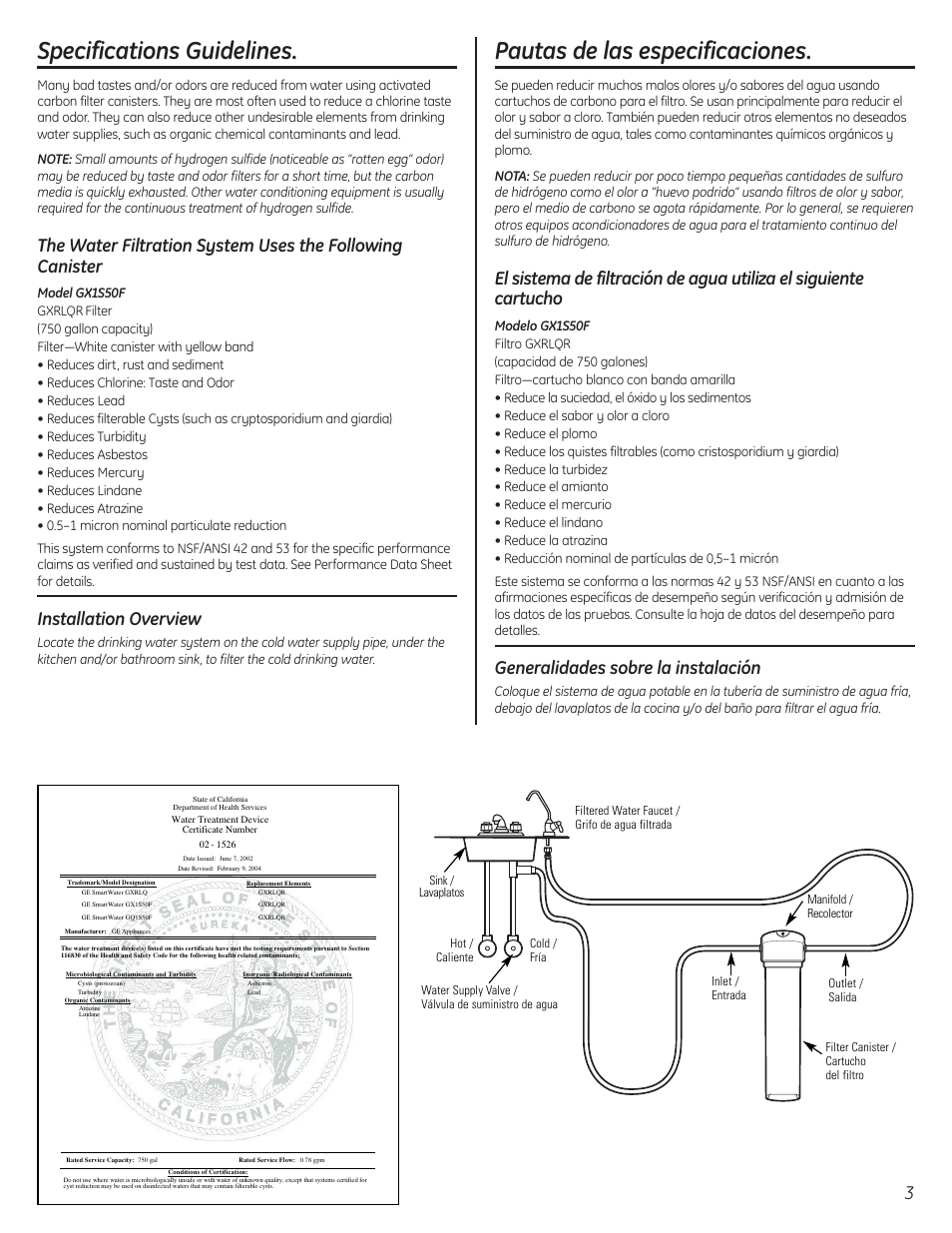 System overview, Generalidades del sistema, Specifications guidelines | Pautas de las especificaciones, Installation overview, Generalidades sobre la instalación | GE GX1S50F User Manual | Page 3 / 16