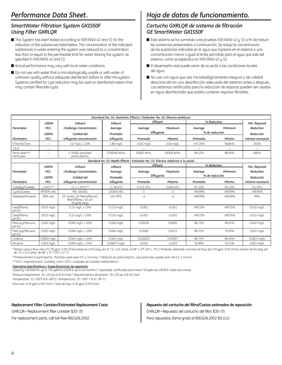 Performance data sheet, Hoja de datos de funcionamiento | GE GX1S50F User Manual | Page 4 / 16