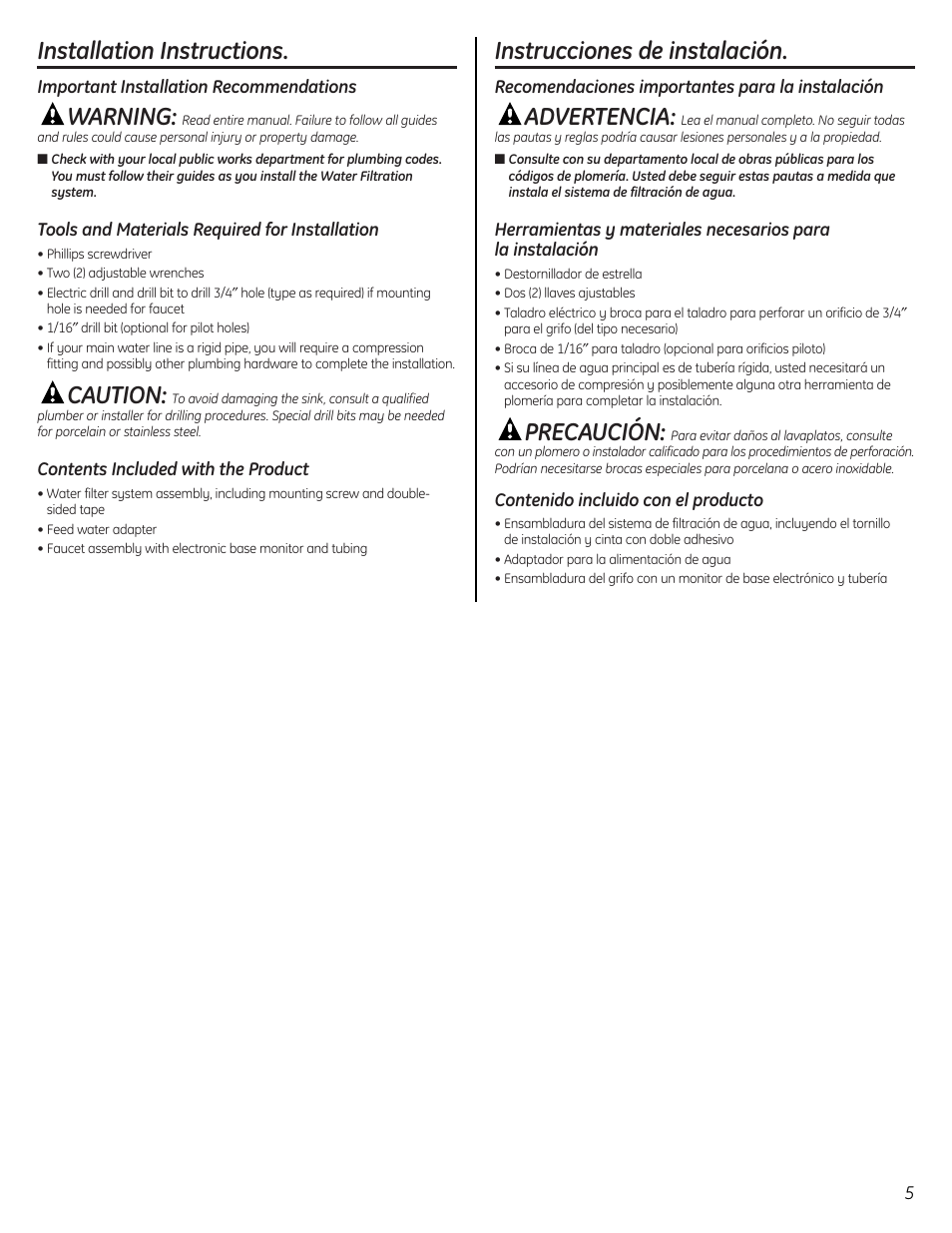 Installation instructions, Instrucciones de instalación, Warning | Caution, Advertencia, Precaución | GE GX1S50F User Manual | Page 5 / 16