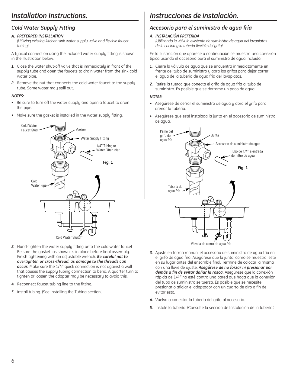 Water supply, Suministro del agua, Water supply , 7 | Suministro del agua , 7, Installation instructions, Instrucciones de instalación, Cold water supply fitting, Accesorio para el suministro de agua fría | GE GX1S50F User Manual | Page 6 / 16