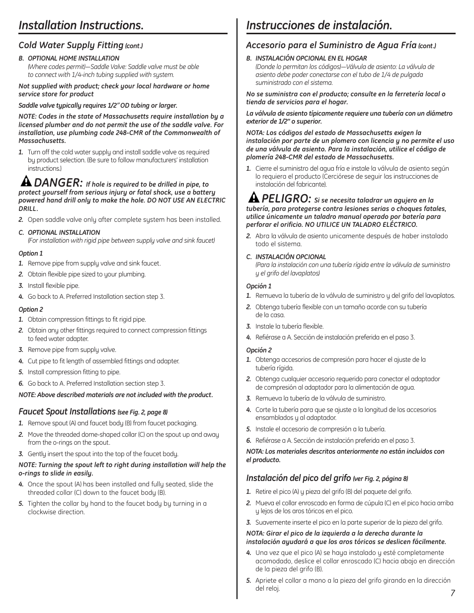 Installation instructions, Danger, Instrucciones de instalación | Peligro | GE GX1S50F User Manual | Page 7 / 16