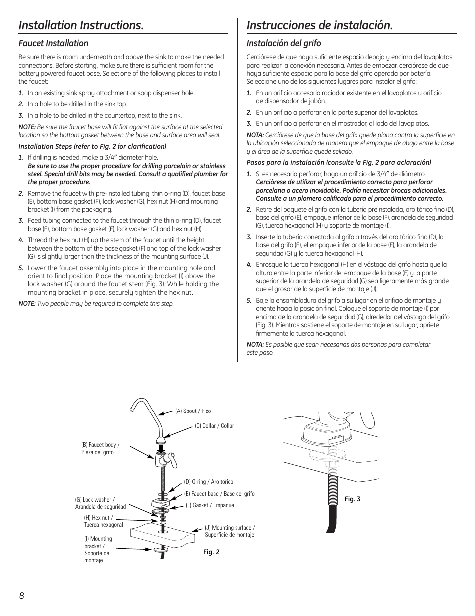 Faucet installation, Instalación del grifo, Installation instructions | Instrucciones de instalación | GE GX1S50F User Manual | Page 8 / 16