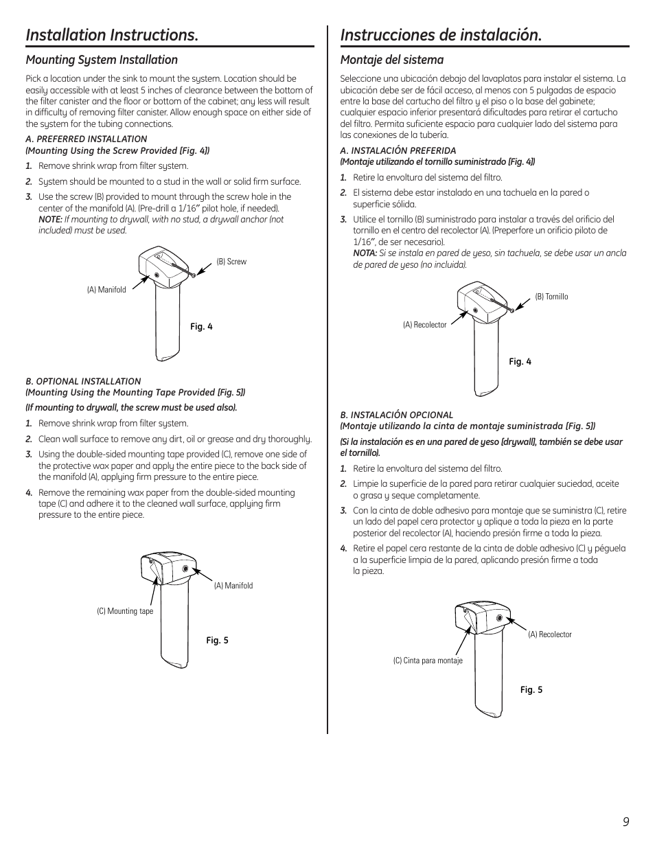 System installation, Instalación del sistema, Installation instructions | Instrucciones de instalación, Mounting system installation, Montaje del sistema | GE GX1S50F User Manual | Page 9 / 16