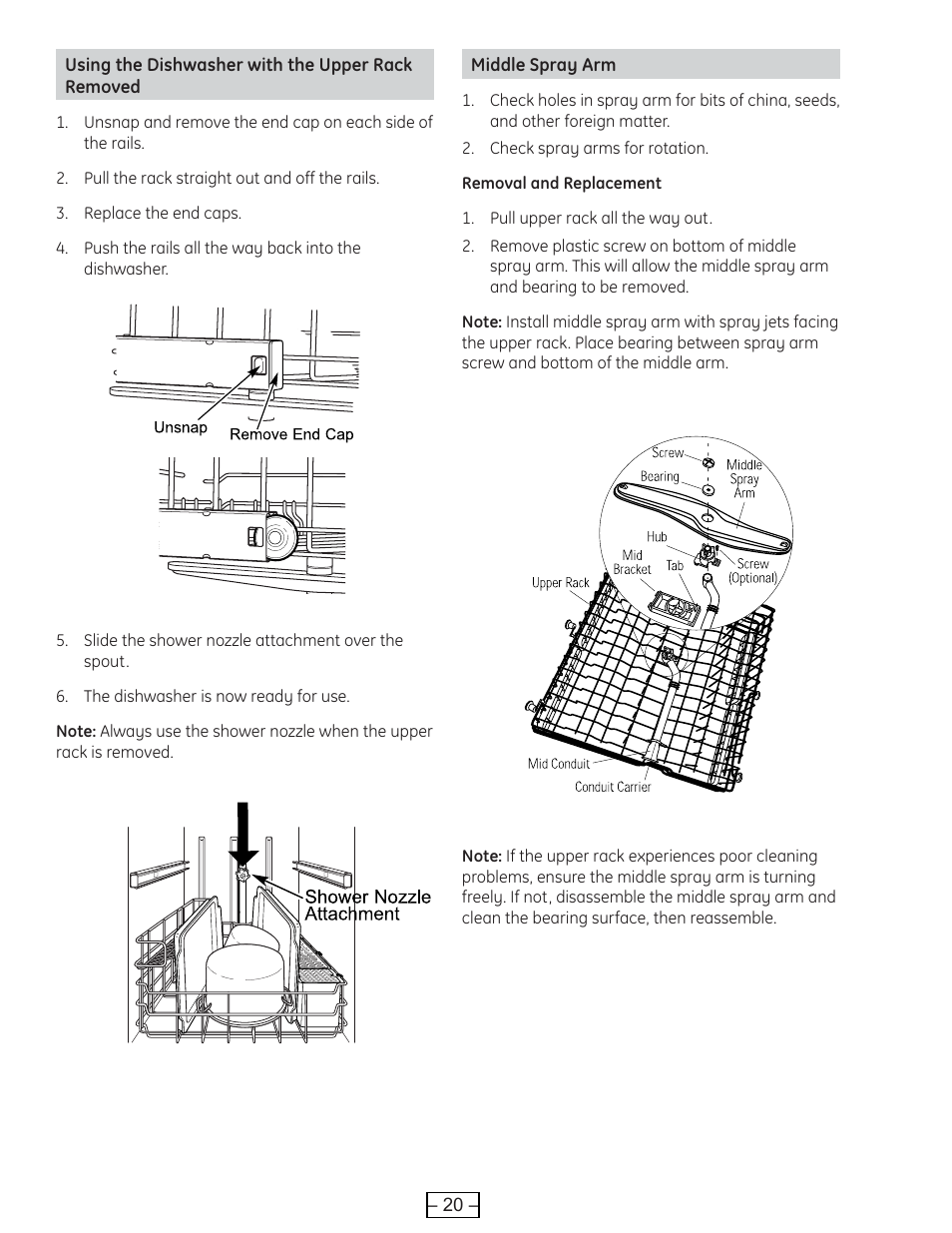 Middle spray arm, Using the dishwasher with the upper rack removed | GE PROFILE PDE9900 User Manual | Page 20 / 37