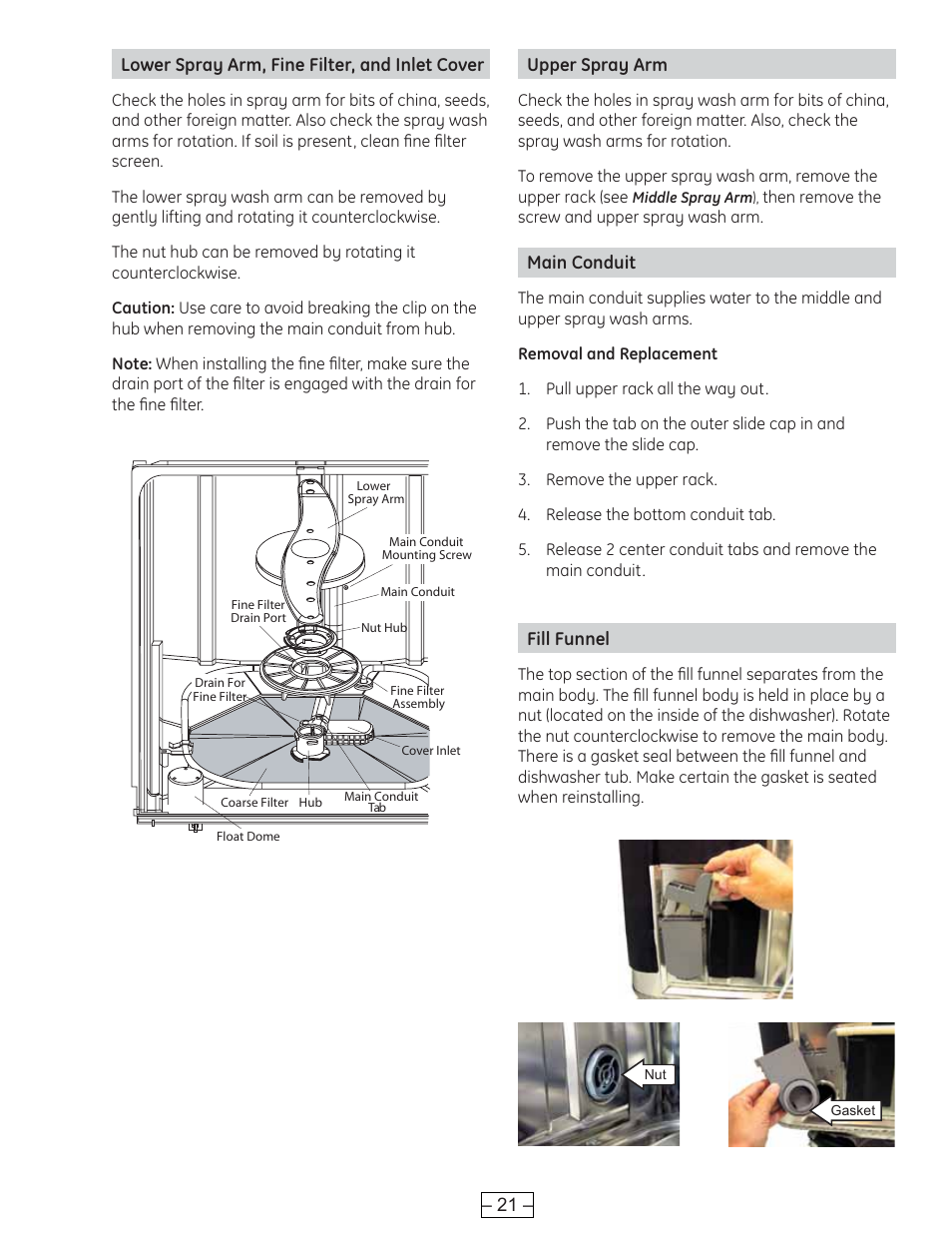 Fill funnel, Lower spray arm, fine filter, and inlet cover, Main conduit | Upper spray arm | GE PROFILE PDE9900 User Manual | Page 21 / 37
