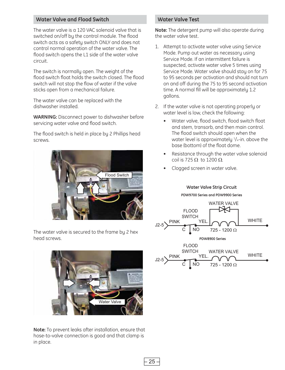 Water valve and flood switch, Water valve test | GE PROFILE PDE9900 User Manual | Page 25 / 37