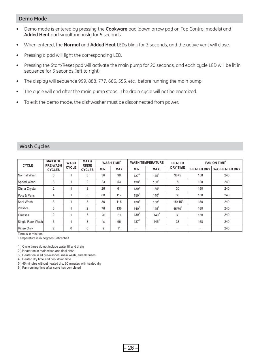 Demo mode, Wash cycles, 26 – demo mode | GE PROFILE PDE9900 User Manual | Page 26 / 37