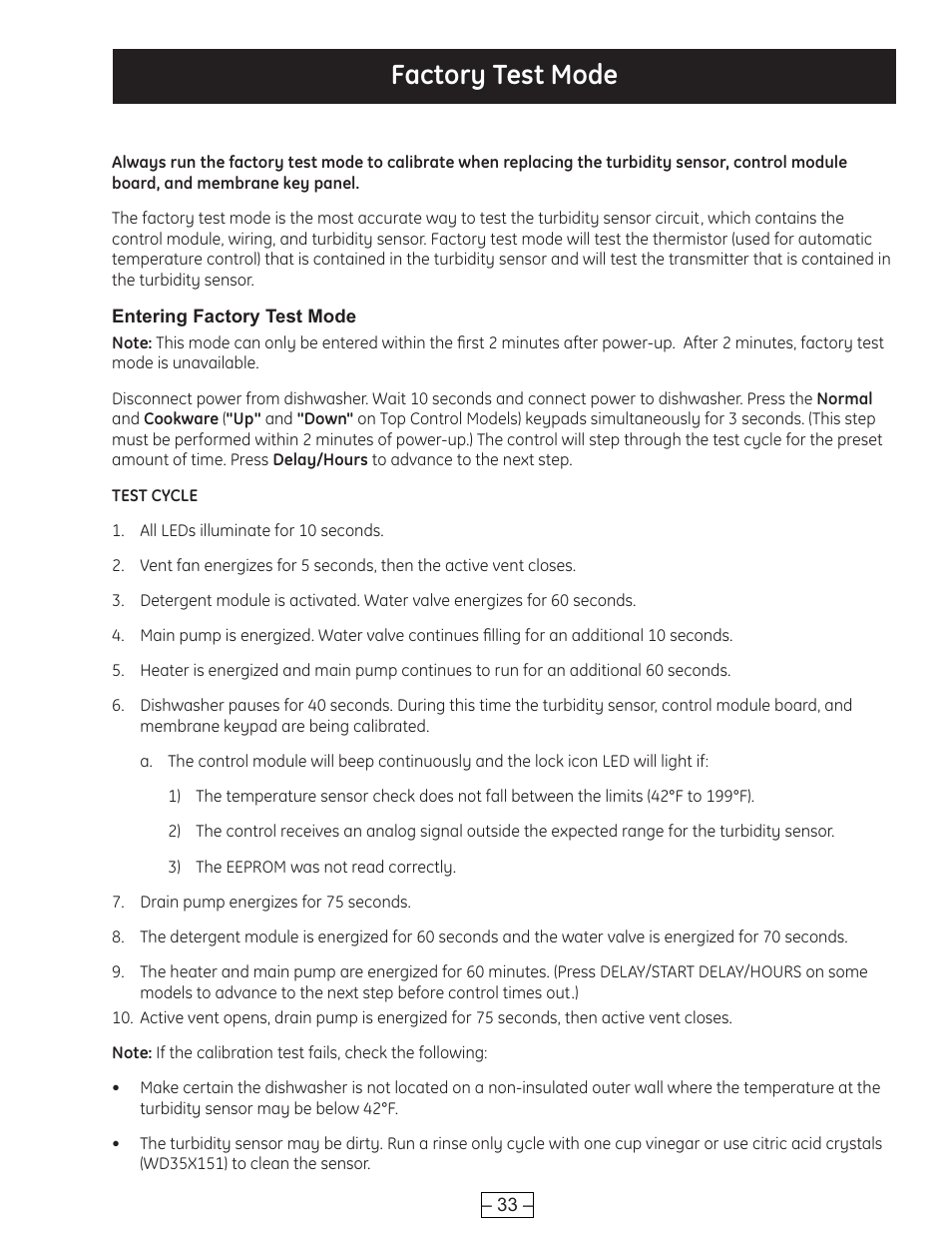 Factory test mode | GE PROFILE PDE9900 User Manual | Page 33 / 37