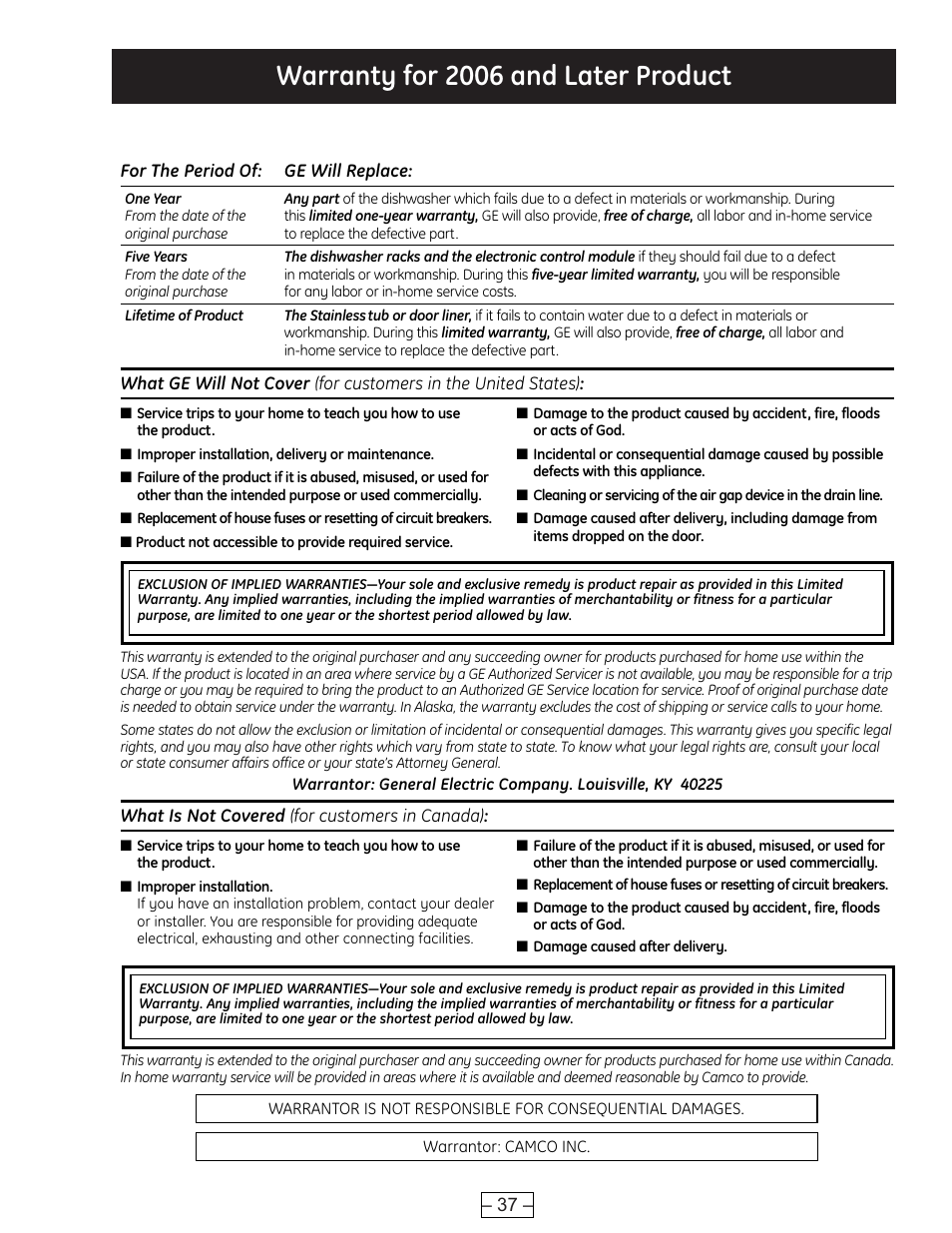 Warranty for 2006 and later product | GE PROFILE PDE9900 User Manual | Page 37 / 37