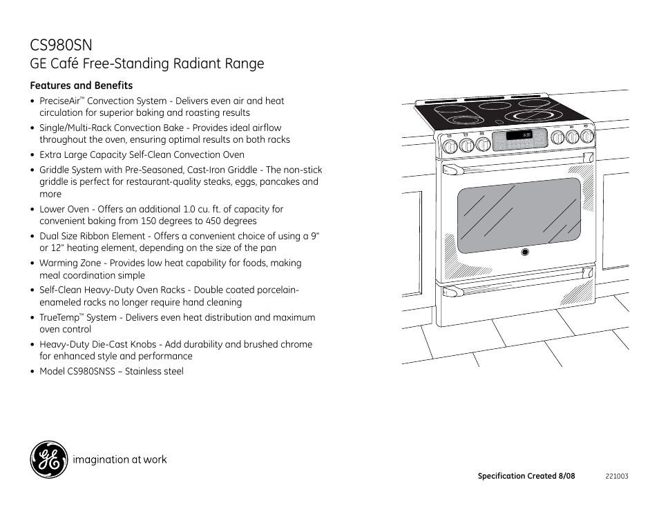 Cs980snss, Cs980sn, Ge café free-standing radiant range | Features and benefits | GE CS980SN User Manual | Page 2 / 2