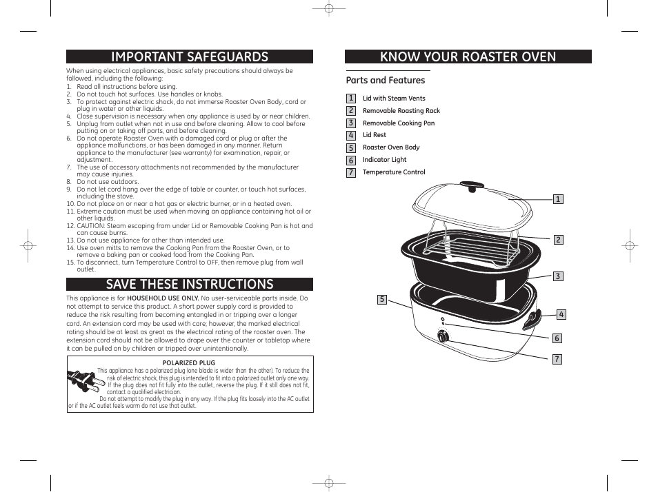 Save these instructions important safeguards, Know your roaster oven, Parts and features | GE 681131690607 User Manual | Page 2 / 5