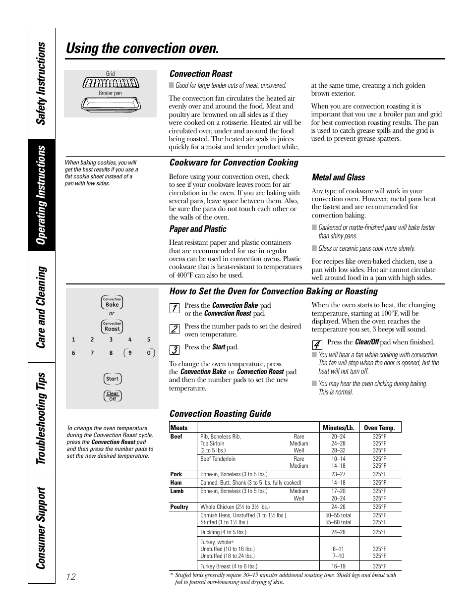 Using the convection oven, Cookware for convection cooking, Paper and plastic | Metal and glass, Convection roast, Convection roasting guide | GE JKP3527 User Manual | Page 12 / 64