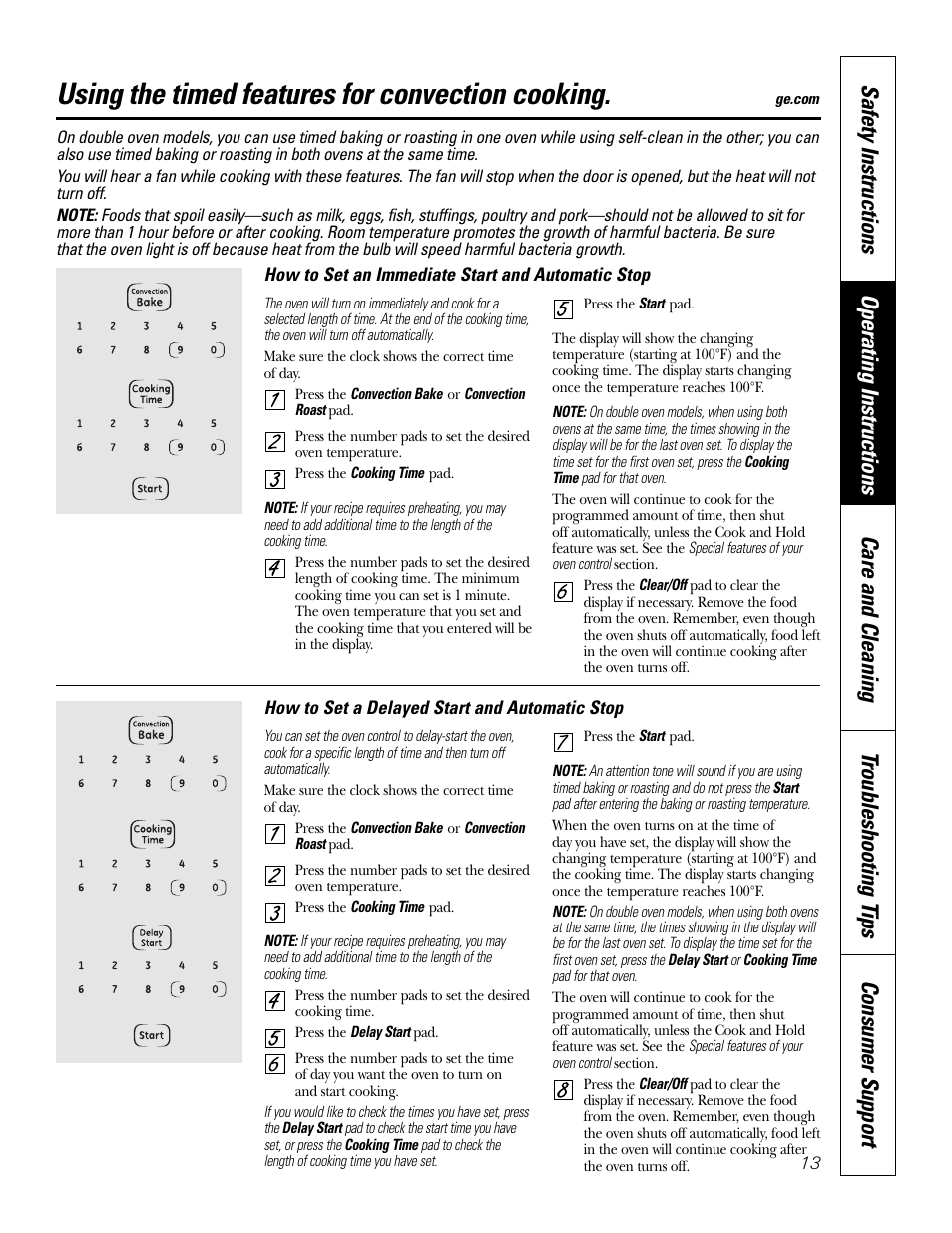 Using the timed features for convection cooking | GE JKP3527 User Manual | Page 13 / 64