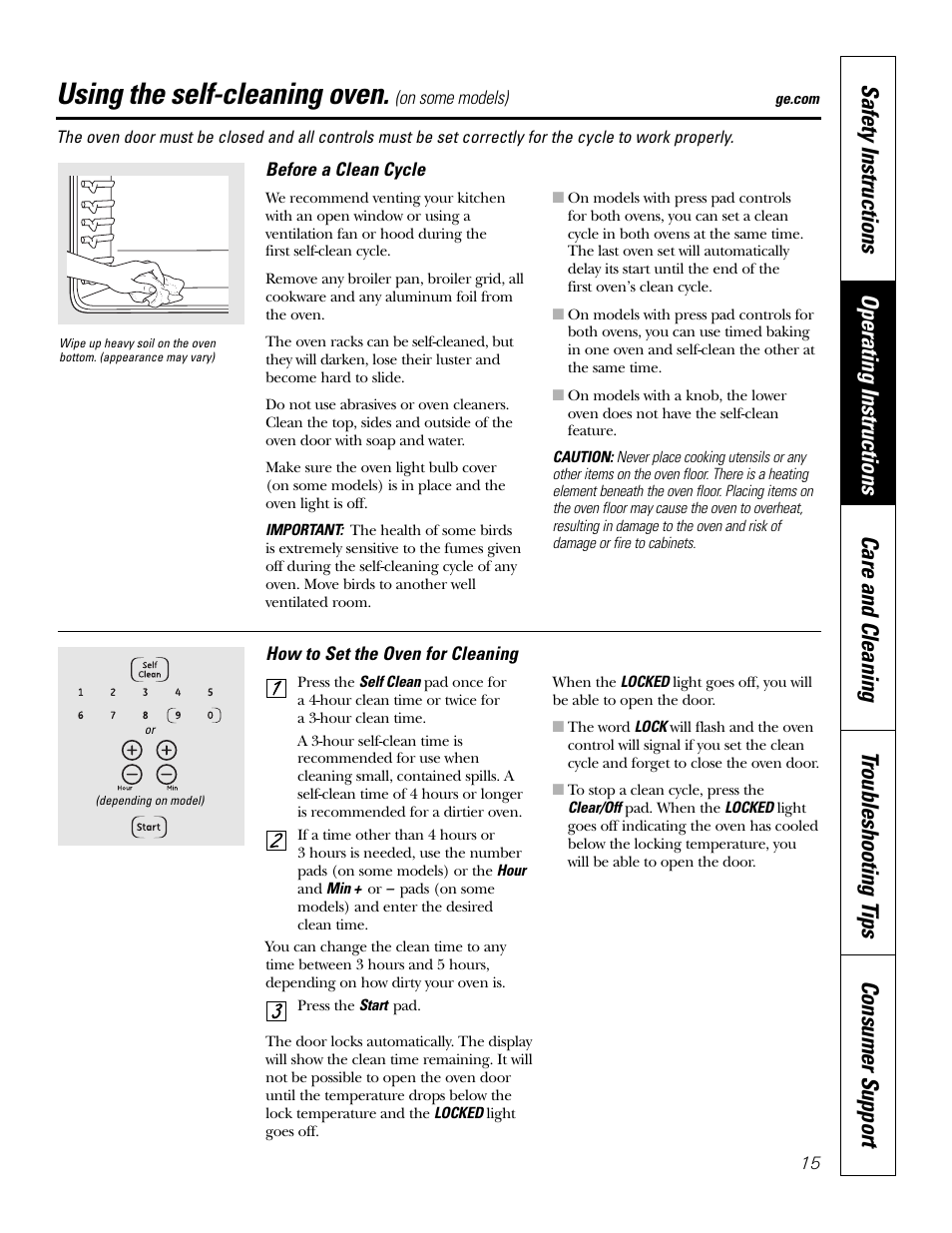 Self-cleaning oven, Self-cleaning oven , 16, Using the self-cleaning oven | GE JKP3527 User Manual | Page 15 / 64