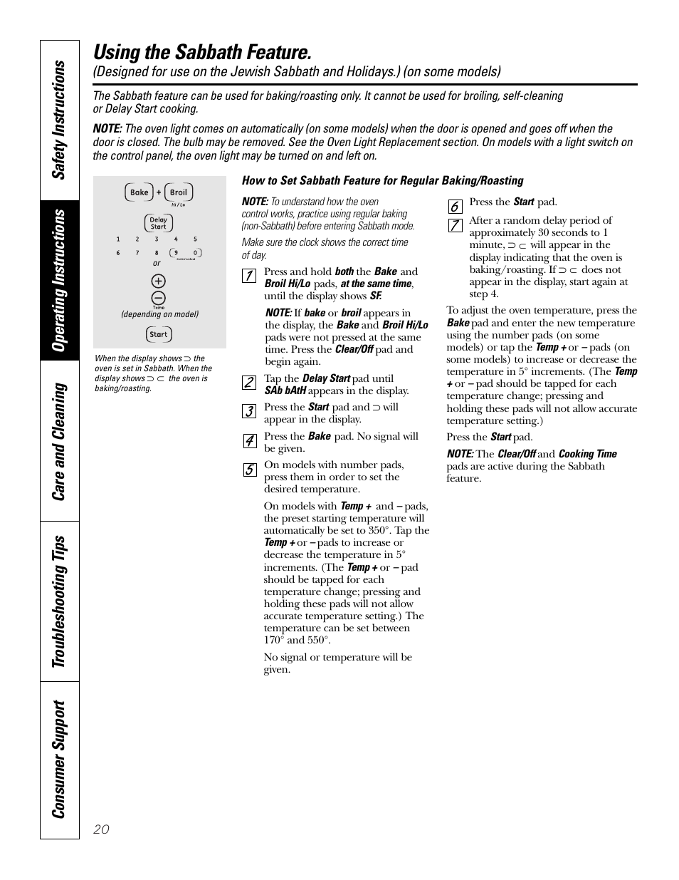 Sabbath feature, Sabbath feature , 21, Using the sabbath feature | GE JKP3527 User Manual | Page 20 / 64