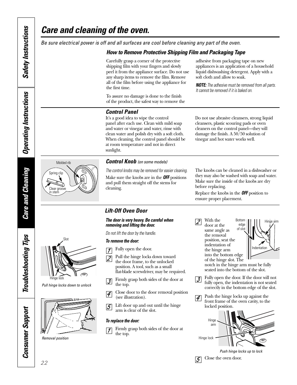 Control panel, Knob, Lift-off oven door | Packaging tape, Knob lift-off oven door , 23, Care and cleaning of the oven | GE JKP3527 User Manual | Page 22 / 64