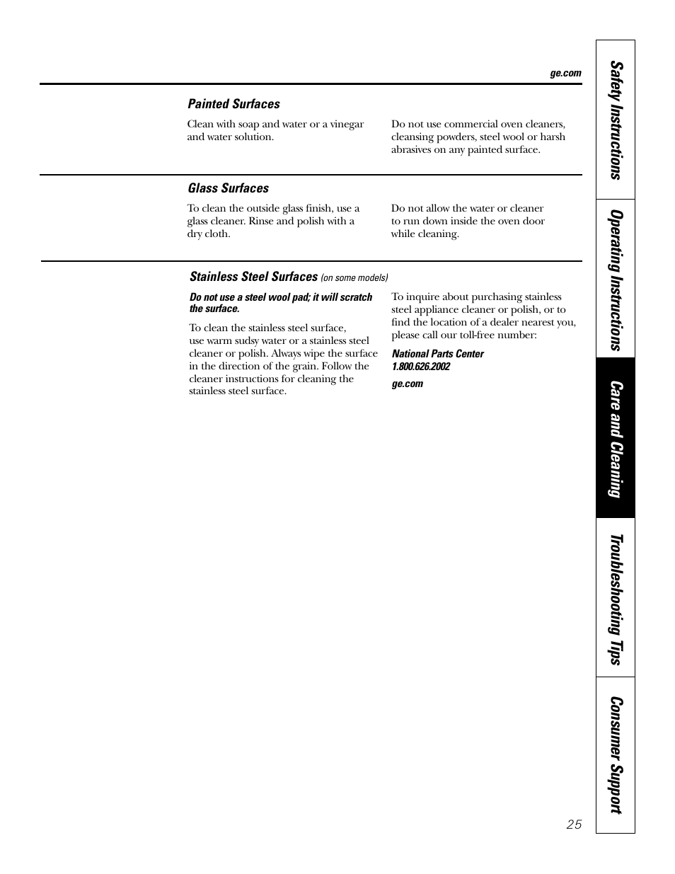 Glass surfaces, Painted surfaces, Stainless steel surfaces | GE JKP3527 User Manual | Page 25 / 64