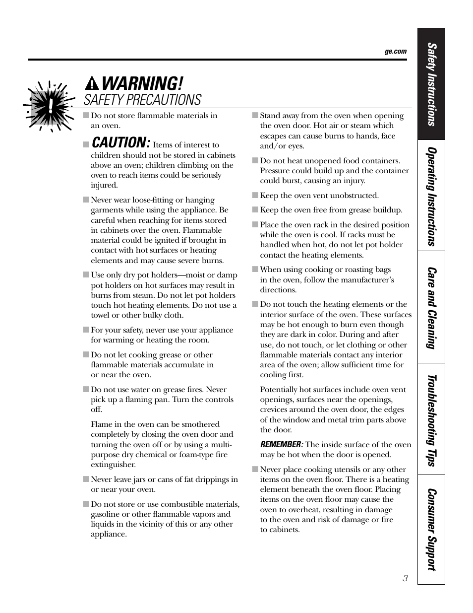 Warning, Caution, Safety precautions | GE JKP3527 User Manual | Page 3 / 64