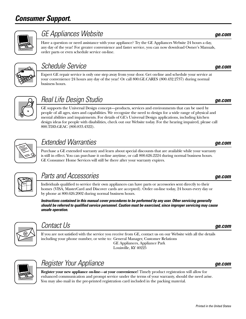 Consumer support, Consumer support. ge appliances website, Schedule service | Real life design studio, Extended warranties, Parts and accessories, Contact us, Register your appliance | GE JKP3527 User Manual | Page 32 / 64