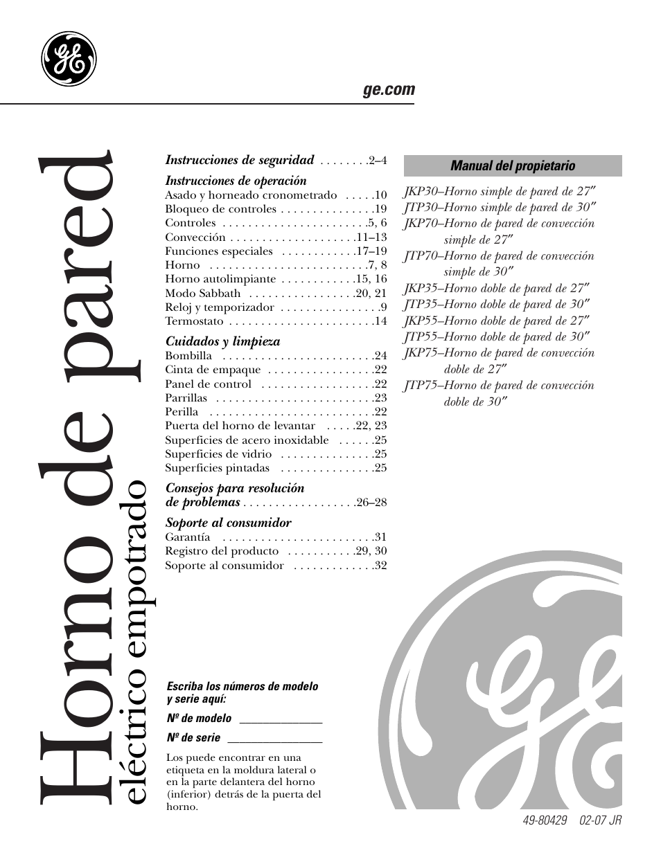 Español, Instrucciones de operación, Cuidados y limpieza | Soporte al consumidor, Horno de pared, Eléctrico empotrado | GE JKP3527 User Manual | Page 33 / 64