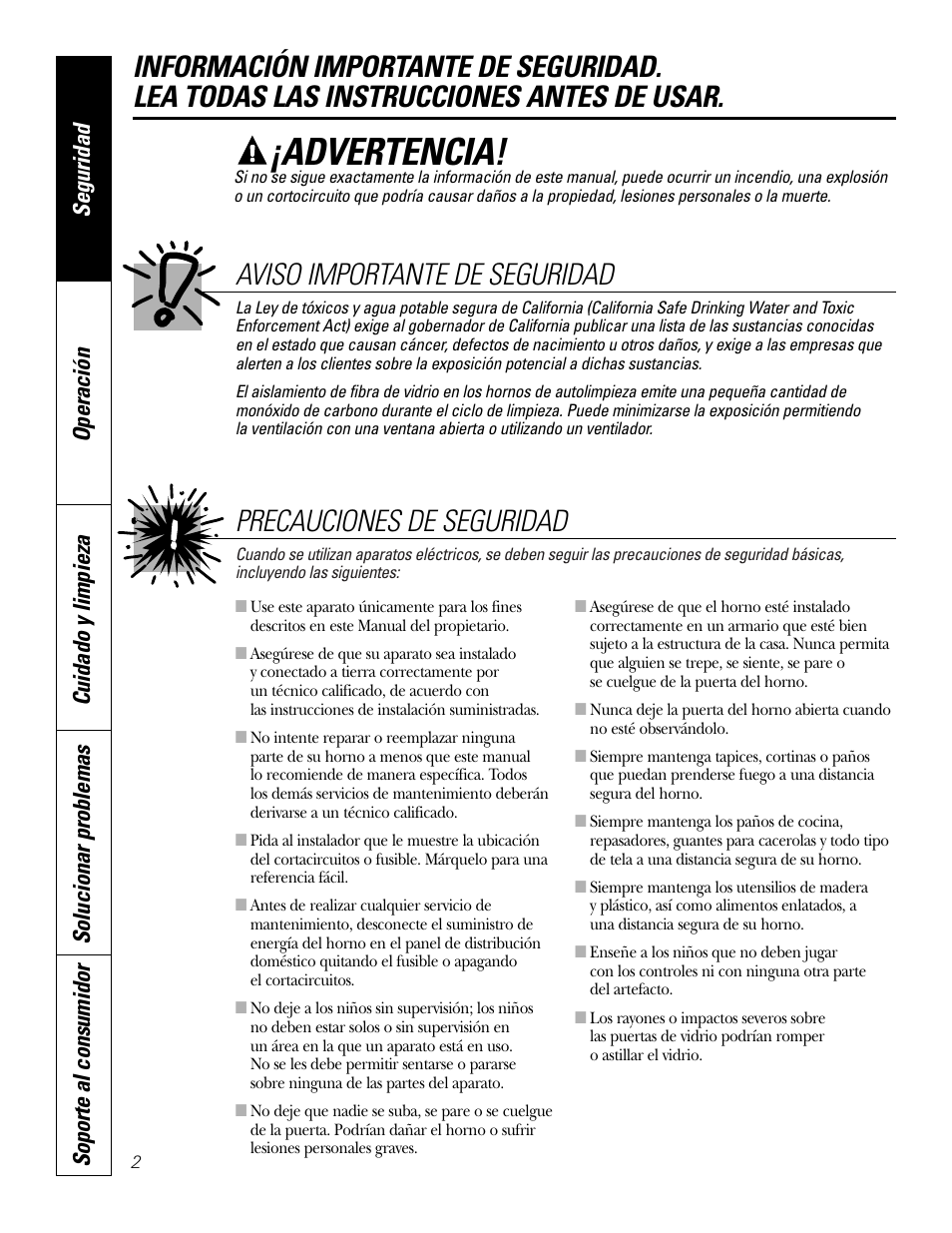 Instrucciones de seguridad, Advertencia, Precauciones de seguridad | Aviso importante de seguridad | GE JKP3527 User Manual | Page 34 / 64