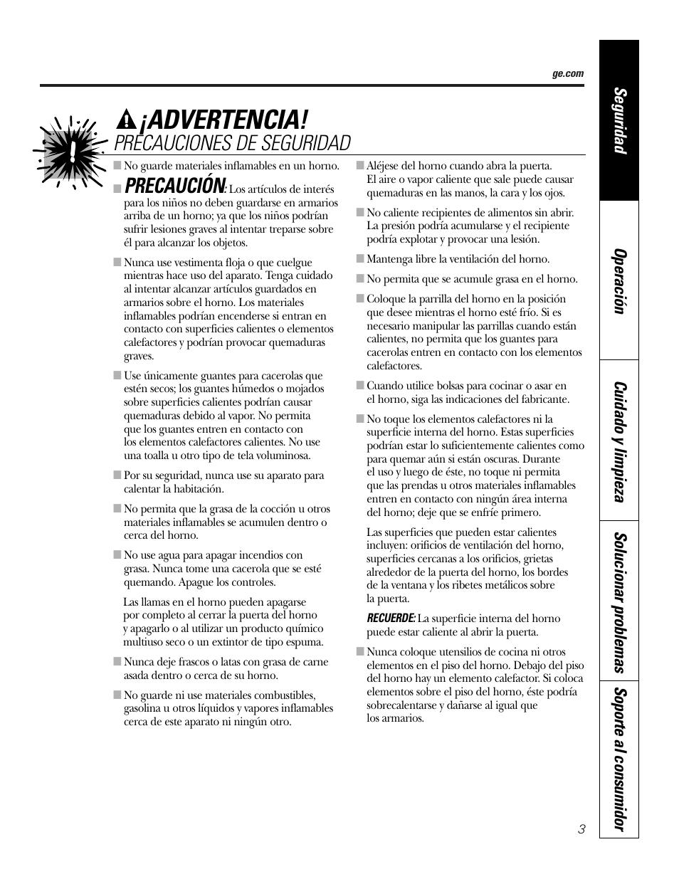 Advertencia, Precaución, Precauciones de seguridad | GE JKP3527 User Manual | Page 35 / 64