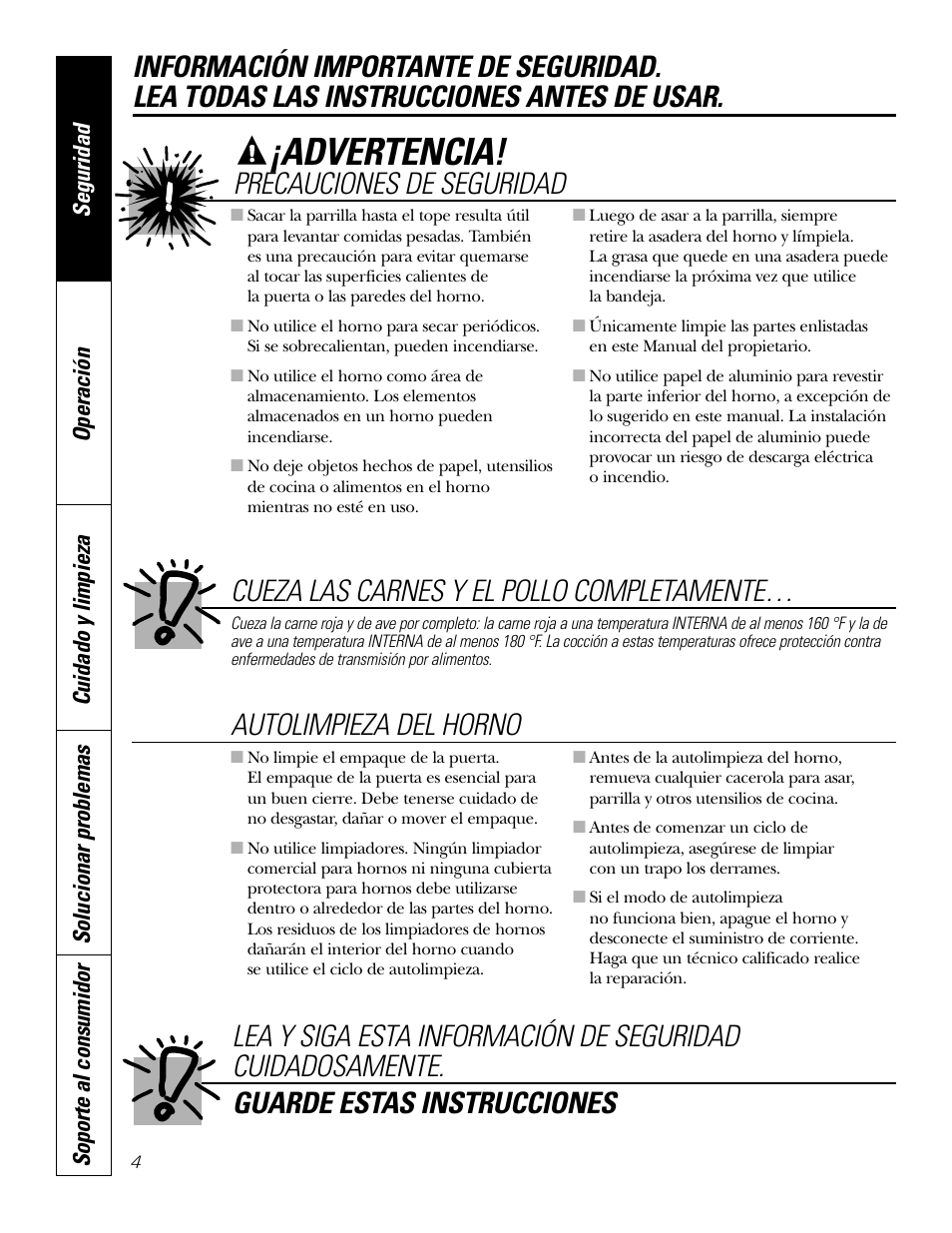 Advertencia, Precauciones de seguridad, Cueza las carnes y el pollo completamente | GE JKP3527 User Manual | Page 36 / 64