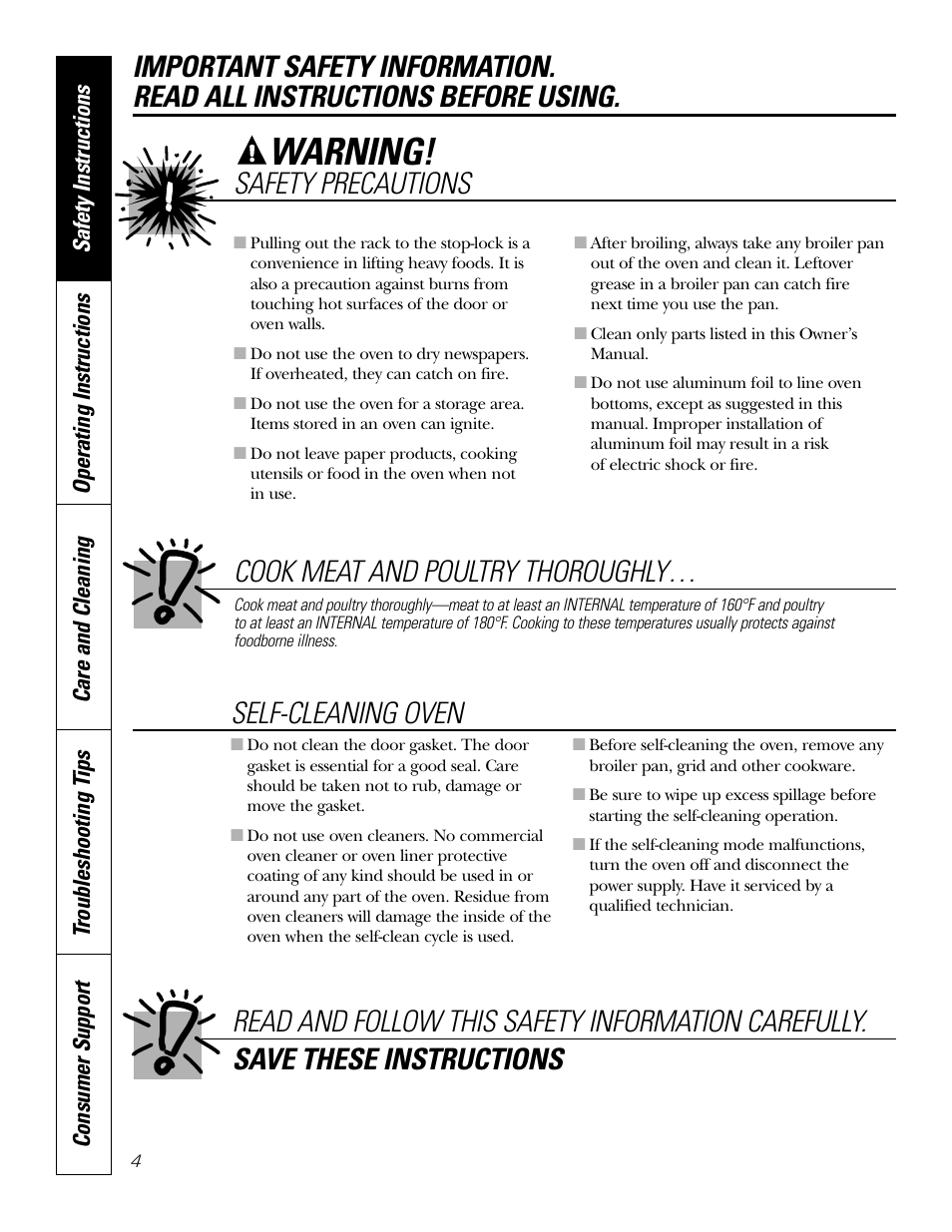 Warning, Cook meat and poultry thoroughly, Safety precautions | GE JKP3527 User Manual | Page 4 / 64