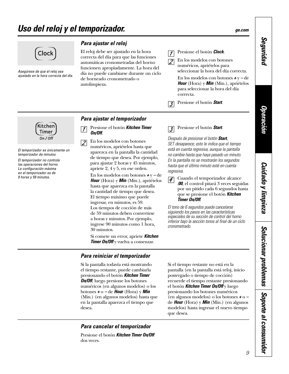 Reloj y temporizador, Uso del reloj y el temporizador | GE JKP3527 User Manual | Page 41 / 64