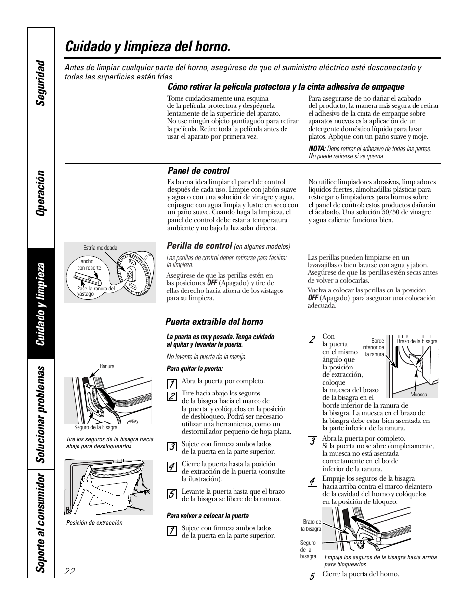 Cinta de empaque, Panel de control, Perilla | Puerta del horno de levantar, Cinta de empaque panel de control, Perilla puerta del horno de levantar , 23, Cuidado y limpieza del horno | GE JKP3527 User Manual | Page 54 / 64