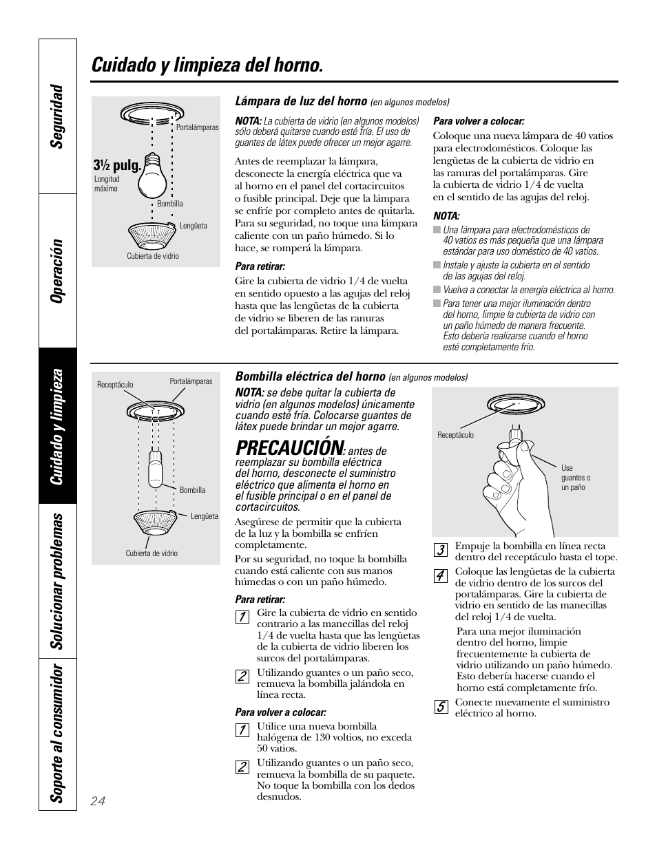 Bombilla, Cuidado y limpieza del horno, Precaución | Pulg | GE JKP3527 User Manual | Page 56 / 64