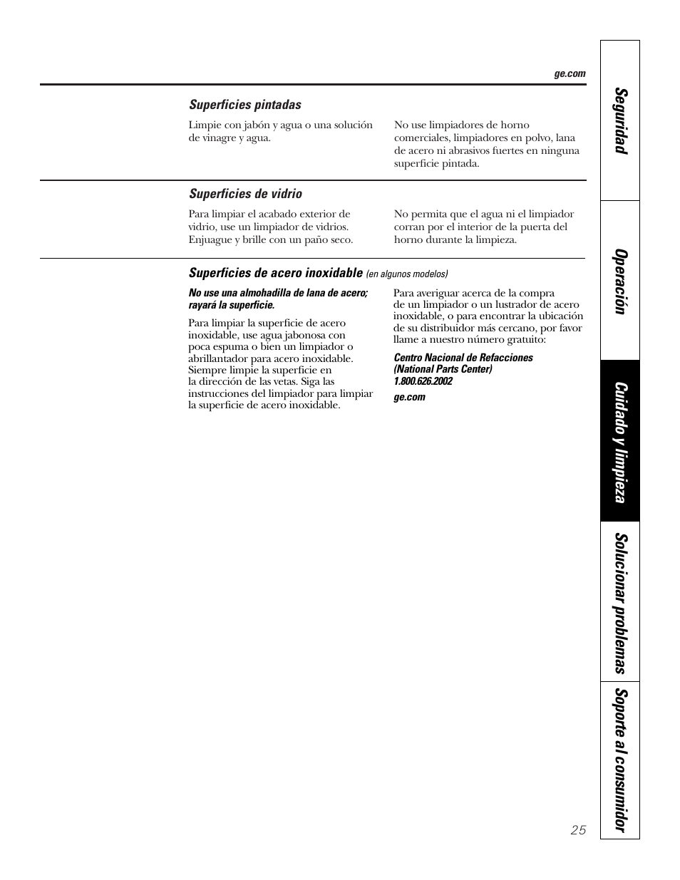 Superficies de acero inoxidable, Superficies de vidrio, Superficies pintadas | GE JKP3527 User Manual | Page 57 / 64