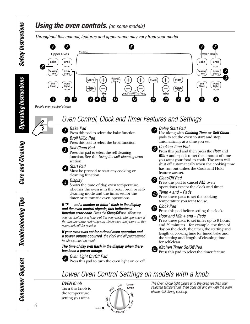 Using the oven controls, Lower oven control settings on models with a knob | GE JKP3527 User Manual | Page 6 / 64