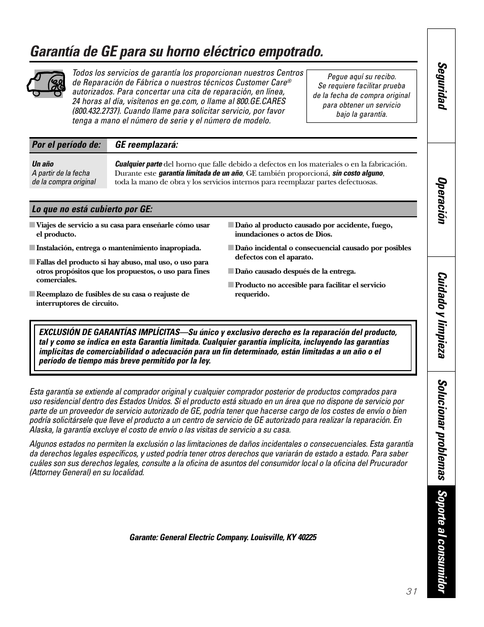 Garantía, Garantía de ge para su horno eléctrico empotrado | GE JKP3527 User Manual | Page 63 / 64