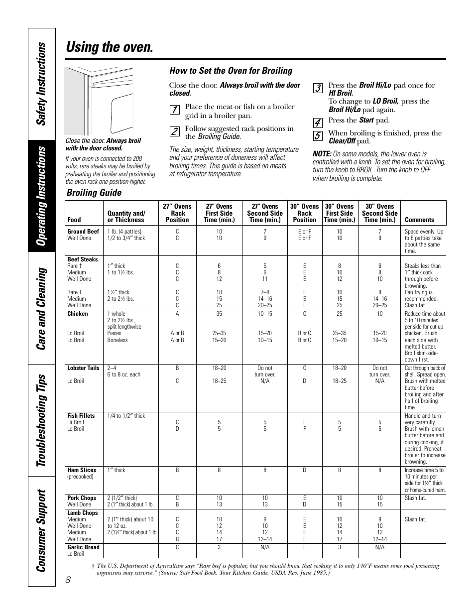 Using the oven, How to set the oven for broiling, Broiling guide | GE JKP3527 User Manual | Page 8 / 64