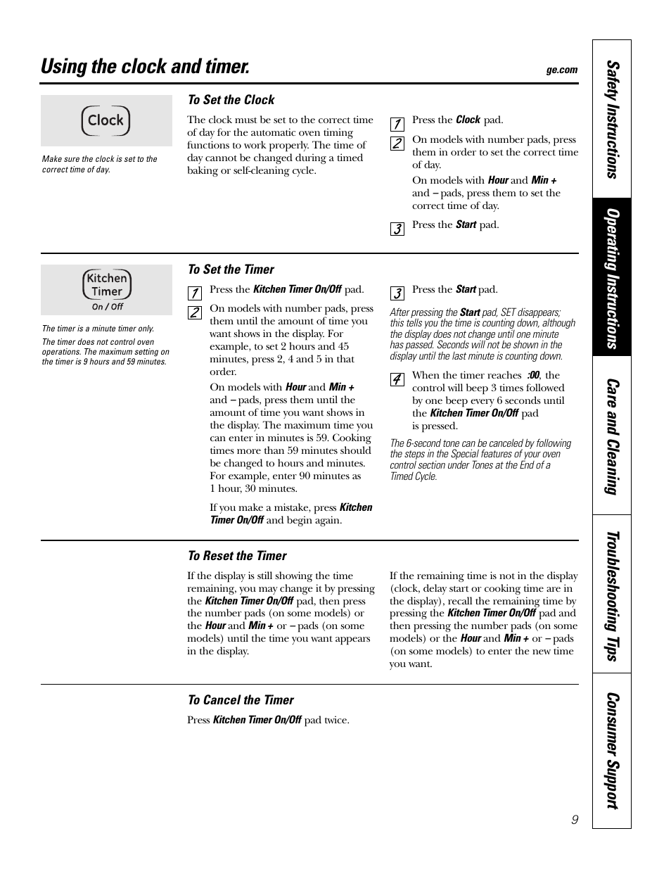 Clock and timer, Using the clock and timer | GE JKP3527 User Manual | Page 9 / 64