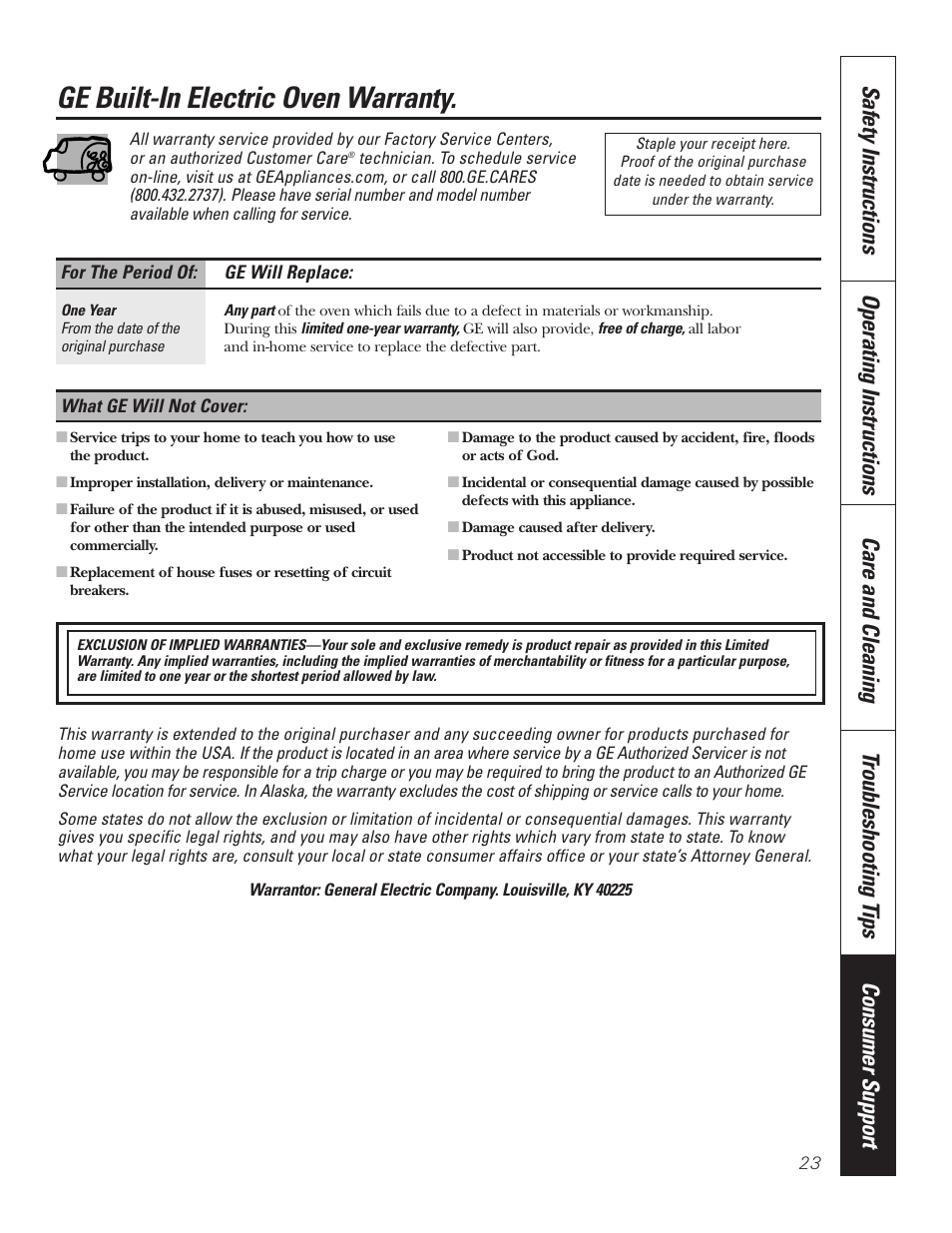 Warranty, Ge built-in electric oven warranty | GE JRS06 User Manual | Page 23 / 24